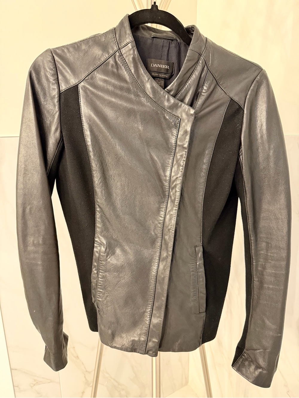 Danier Black Leather Jacket with Black Knit Panels